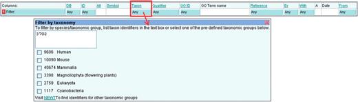 Filtering by taxonomy. This filter is used to find annotations to selected species; common taxon identifiers are provided, alternatively a list can be entered into the text box or the link to UniProtKB Taxonomy can be used to search for identifiers.