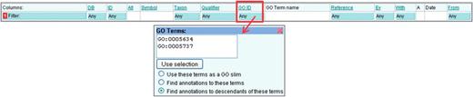Filtering by GO identifier. Annotations to particular GO terms can be displayed by using this filter. The chosen terms can also be used to create a GO slim.