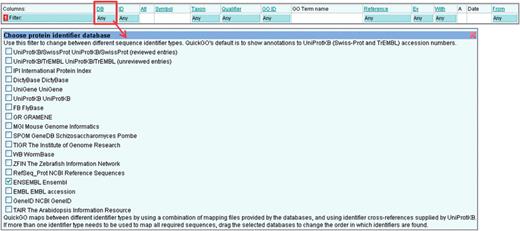 Mapping annotations to a different sequence identifier. QuickGO displays annotations to UniProtKB accessions by default, but is able to map annotations to a number of different identifier types.