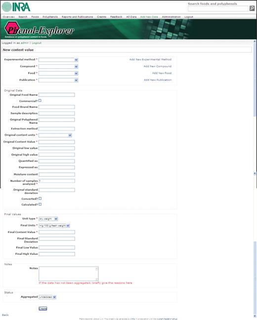 Phenol-Explorer: screenshot of the webpage from which new data can be added by an authorized compiler.