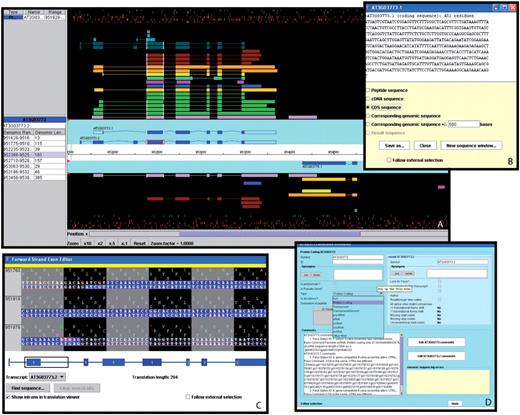 A selection of windows from the Apollo genome annotation tool. (A) The main Apollo window contains two sections: the section with the turquoise background displays all current gene models in the selected region; the section with the black background shows different types of sequences aligning to either strand of the genome. Sequences include Arabidopsis ESTs (light purple) and cDNAs (green), gene models from alternative prediction tools (gold: Gnomon, yellow: Eugene, turquoise: Augustus), Brassica ESTs (blue), sequences from five different monocot species (deep purple), radish clones (brown), and short peptides (light blue, dark green). The side panel provides additional information about the selected sequence and the genomic coordinates and length of each of its exons. By right-clicking on a gene model, a menu pops up which opens a series of useful additional windows, including: (B) the ‘Sequence’ window displaying the sequence of the selected model. From a list of radio buttons, the type of a displayed sequence can be selected (peptide, cDNA, CDS, genomic sequence). (C) The ‘Exon Detail Editor’ showing the genome sequence corresponding to the selected gene as well as the protein sequence in all three frames. Annotated exons are displayed as blue boxes that can be pulled back and forth to modify the boundaries of each exon. (D) The ‘Annotation Info Editor’ allows the user to edit the name of a gene, modify the gene type and add comments about a gene model and its annotation.