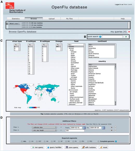 The ‘browse’ form is the major entry point to query the database. (A) ‘What’s new’ section contains links to newly deposited sequences and announcements about OpenFluDB feature development. (B) The ‘Quick search’ field is used to query on EPI_ISL_ID, EPIID, isolate name or EMBL/DDBJ/GenBank accession numbers. (C) Basic ‘browse’ fields are composed of viral type and subtype, viral host and sample collection geographical location. Multiple selections are possible. (D) Several additional filters can be appended to the query; sample collection date, submission date, minimal sequence length, isolate name, EPI_ISL_ID, passage history, lineage, EPIID, DDBJ/EMBL/GenBank accession number, sequence submitter laboratory, whether the isolate has been primarily deposited in OpenFluDB, whether the isolate is publicly accessible in DDBJ/EMBL/GenBank and whether the sequence has a complete CDS. Finally, required segments or complete genome can be specified.