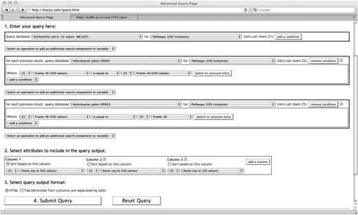 Three search components are used in this query across three DBs. This query searches for all pathways of Escherichia coli that also exist in two other DBs, Helicobacter pylori for strains 26995 and HPAG1.
