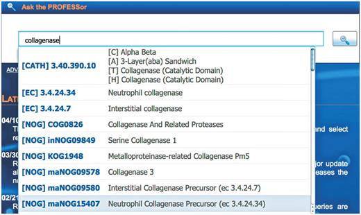 The PROFESSor query system. The PROFESSor is a dynamic search tool generated from the core databases to help the user to refine complex queries. Using the PROFESSor users are given suggestions for extending their search words/phrases that helps them rapidly and accurately find all functional, structure and sequence information about a particular protein and its relation to other protein functions, folds or ligands.