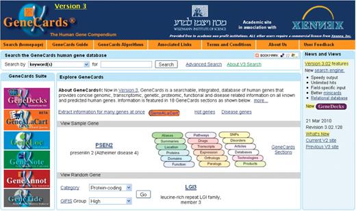 GeneCards Version 3 home page, including search, sample gene, logos and links to the other suite sites, and category/GIFtS-based random gene generator.