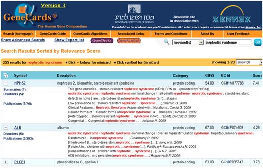 GeneCards Version 3 search results, including detailed minicard expansions which highlight where in the ‘card’ the hits occur.