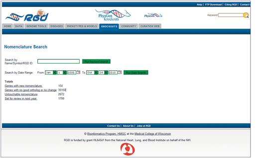 Homepage of the Gene Nomenclature Tool. Pre-loaded categories are displayed as hyperlinks. Individual genes or families of genes can be searched by the keyword search box. Genes that are scheduled to be reviewed in the future can be searched through the date search function.