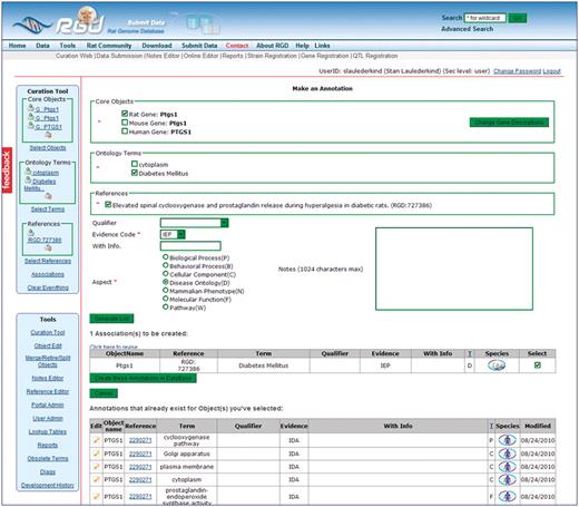 This intermediate annotation page holds the currently constructed annotation for Ptgs1, all existing annotations for objects in the Core Objects bucket (PTGS1/Ptgs1 for human, mouse and rat), and options for editing. The current annotation can be edited by reselecting items above the annotation and re-clicking the ‘Generate List’ button. Any pre-existing annotation at the bottom of the frame can be edited by clicking the edit icon to the left of the annotation.