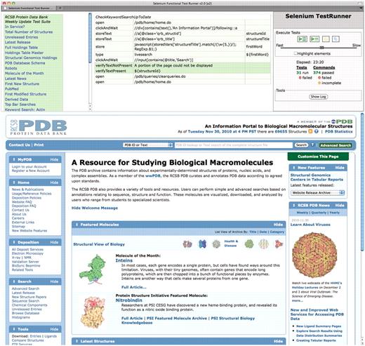 Screenshot of fully executed Selenium IDE test suite in a Firefox browser. We have developed an extensive suite of testing scripts with several goals such as checking key elements of the user interface, verifying the integrity of the weekly update, and comparing results between multiple servers. The top-left panel shows the list of test scripts. The top-middle panel shows as an example the script for verifying that keyword searches are up to date. It selects the first entry ID from the weekly release, extracts a keyword from its title, and then performs a search for this keyword and asserts that the search results include the given entry ID. The top-right panel contains the controls for executing tests and shows the test results. The bottom panel is a regular browser window that shows the web pages being loaded by the scripts.