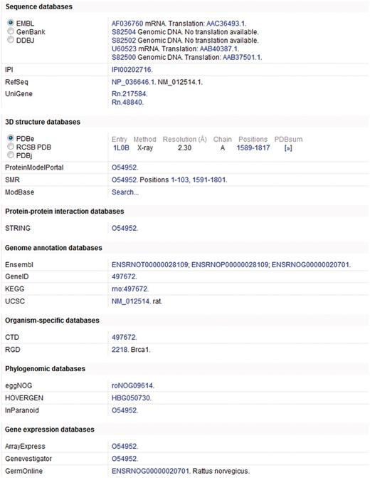 Cross-references in a UniProtKB entry. This figure shows a subset of the cross-references provided in UniProtKB entry O54952.