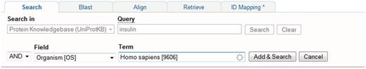 Using the query builder on the UniProt website to refine a search. An initial query for insulin is further refined using the query builder to include a taxonomic restriction.