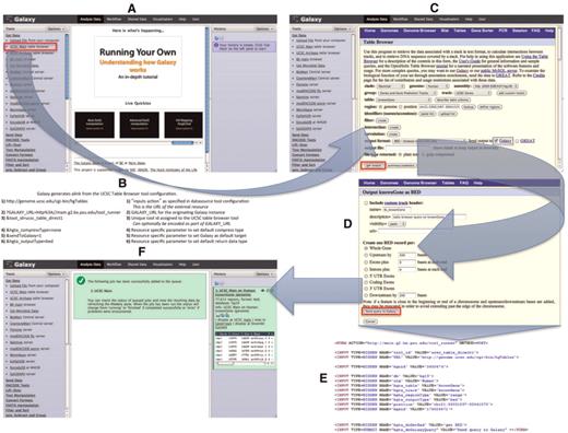 UCSC Table Browser as a synchronous data resource example. An overview of a typical synchronous data resource tool, with the UCSC Table Browser as an example, is shown here. Based upon the XML configuration file for the UCSC Table Browser tool (Figure 1), Galaxy creates a new tool as a link (outlined in red) that references the data resource under the Get Data tool section (A). An example of the link (B) that is generated is described along with the parameters of which it is composed; several of the parameters provided in the tool XML configuration customize the initial interface of the external resource. By accessing the link, the user is forwarded within their web-browser to the native UCSC Table Browser interface (C). Once the user is satisfied with their query configuration and has selected the desired formatting options (D), the UCSC Table Browser generates a form (E; for brevity, some parameters have been removed from the original HTML) with an action that points to the Galaxy server. When Galaxy receives the post (F), a new data set is created in the user's history. Galaxy collects the parameters provided within the request and executes a process in the background that resubmits these parameters back to the Table Browser at the location specified by the provided URL parameter; the response from the Table Browser is the content that Galaxy will use to populate the new data set.