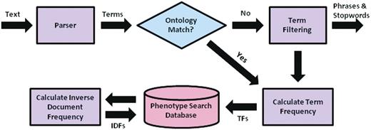 Preprocessing flow chart for the system, including parsing of text descriptions into individual term, matching terms to ontological concepts, calculation of needed quantities for determining term weights, and insertion of terms and quantities into the MySQL database.