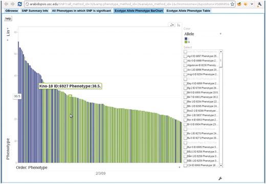 Bar chart depicting the correspondence between accession allele and phenotype. In this bar chart, each bar represents an accession and is colored according to the allele the accession carries. The height of each bar corresponds to the phenotype of the accession. All accessions are sorted horizontally according to their phenotype. Mouse-over each bar displays the information of that accession. This example is from the ‘Ecotype Allele Phenotype Barchart’ tab of http://arabidopsis.gmi.oeaw.ac.at:5000/SNP/?call_method_id=32&phenotype_method_id=2&analysis_method_id=1&chromosome=2&position=9588685&score=10.1255444864.
