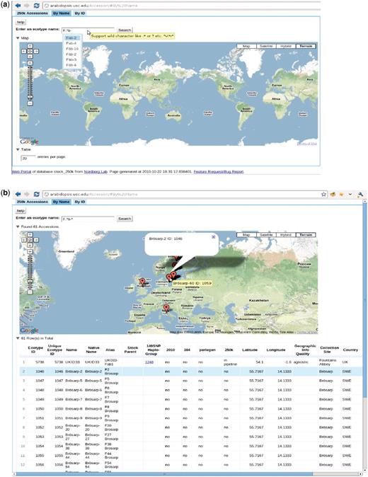 http://arabidopsis.usc.edu/Accession/ (a) Accession search interface, with auto-completion in action and support of regular-expression search. (b) Table of accessions returned.