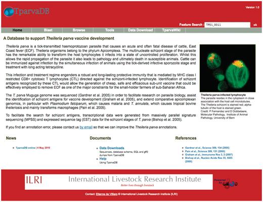 Screenshot of TparvaDB interface providing access to several online tools.