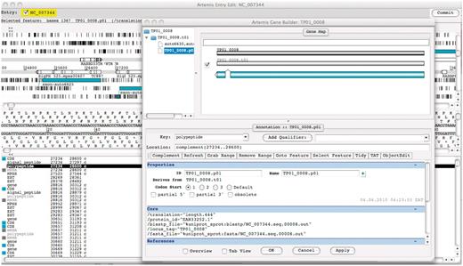 Screenshot of Artemis annotation tool allowing direct access to T. parva genome data in the TparvaDB database for online annotation. Background image depicts Artemis interface and foreground image depict Gene Builder view.