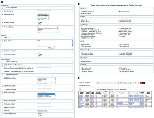 Example of how COSMICMart can be queried. This query searches for all cell lines with missense substitution mutations in the BRAF gene (A). Attributes can be selected (B) to display in the results table (C).
