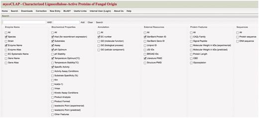 mycoCLAP search page. The main search page from mycoCLAP is shown here. Keywords such as enzyme activity, glycoside hydrolase family or a substrate name can be entered as search terms. Leaving the field blank and clicking on ‘search’ allows a user to browse the database. The information recorded during the curation process has been divided into six categories shown here; Enzyme Name, Biochemical Properties, Annotation, External Resources, Protein Features and Sequence. By checking boxes under these categories a user can determine which types of information will be displayed on the results page. The default settings are shown here. The tabs along the top allow quick and easy navigation through all of mycoCLAP’s features.
