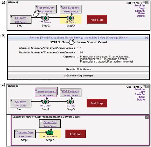 Creating nested Strategies. Clicking on the + icon in Step 2 of the three-step strategy shown (a) brings up a menu displaying the details of this step (b), and a set of available actions (Rename, View, Revise, Make Nested Strategy, Insert Step Before, Orthologs, Delete). Clicking on Make Nested Strategy expands the step into its own panel (c), where the user can add additional steps that become nested within the second step in the top panel (TB domain and/or signal peptide in the example shown).