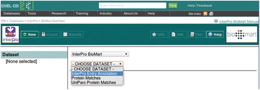 Selecting a dataset in the InterPro BioMart.
