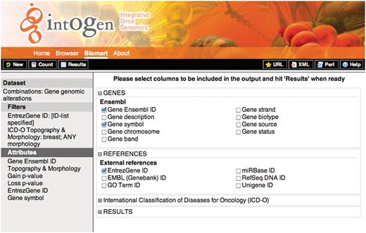 Screenshot showing the attribute selection for the query 1. On the left, the selected dataset, filters and attributes are shown. On the right the detailed attributes selection view. To retrieve the results the user should click on the ‘Results’ button on the upper-left black bar, the ‘Count’ button gives the number of rows that match the query and the ‘New’ button allows to start a new query.