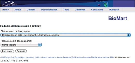 Canned query data input page. The user selects the pathway and species names from the respective drop down lists and then presses the ‘Run query’ button.