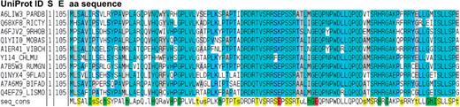 Seed alignment for the AntiFam family derived from PF10695. Amino acids are colored by average similarity according to the BLOSUM62 amino acid substitution matrix from most similar (light blue) to less similar (gray). ‘S’ and ‘E’ in the first row stand for sequence start and sequence end, respectively. The final row features a consensus sequence. The alignment was displayed using the Belvu software (http://www.sanger.ac.uk/resources/software/seqtools/).