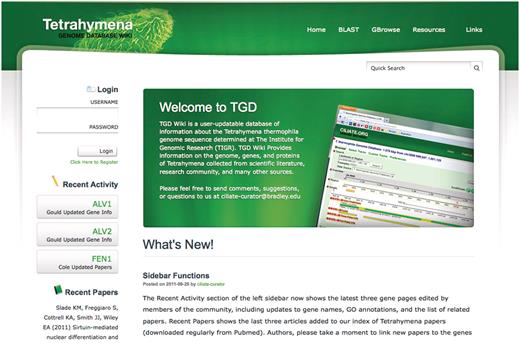 TGD Wiki home page. The latest community annotations are highlighted in the Recent Activity section, with the three most recent Tetrahymena papers available in Pubmed shown below. The Quick Search tool, administrator posts, and editor login are also found on this page, as are links to BLAST, GBrowse and external web sites.