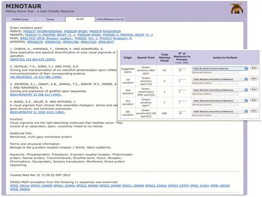 Using MINOTAUR to generate a PRECIS report for query sequence, Q30HW6_9CICH. The report, culled from the top 11 BLAST hits, suggests the sequence is a green-sensitive opsin—accordingly, the annotation extracted from UniProtKB/Swiss-Prot relates to the function of opsins. However, the hierarchical PRINTS diagnosis suggests that the sequence is a rhodopsin. To shed light on the discrepancy, the sequence can be used to generate possible PubMed queries—the inset shows that the recommended query is ‘Green-sensitive AND opsin’, and the SVM-based ‘rank and extract function sentences’ qualifier has been selected to extract sentences from the 63 retrieved abstracts.