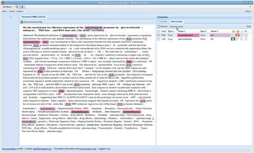 Entities which participate in the selected interaction are highlighted in the document panel.