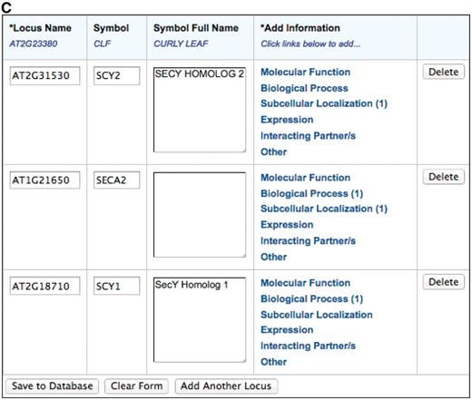 The TOAST interface. (A) Initial page that requests stable article identifiers and locus identifiers. Users can then add annotations in six different areas, five of which are controlled vocabularies. (B) The subcellular localization data entry form. Submissions are aided by an auto-complete functionality which suggests terms that match the user's entry. Once selected, the appropriate stable id for the ontology term is also captured but not displayed to the submitter. Users can also enter terms not in the suggestion list. (C) Form with data ready for submission. At this stage the user may add additional loci or annotations or complete the submission process by saving to the curation database.