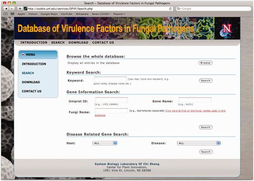 The searching page of the database.