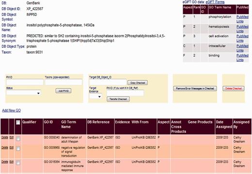 Linking eGIFT to the AgBase BI. A summary of eGIFT GO terms and links to corresponding literature is displayed in the top right hand corner of each gene product page in the AgBase BI. This table allows biocurators to rapidly identify potential new GO Terms and link out to relevant literature.