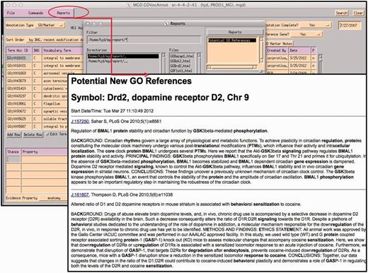 Report generated using the abstracts of papers selected for GO for the gene being annotated within the GO EI. Text contained in GO terms in each abstract is highlighted.