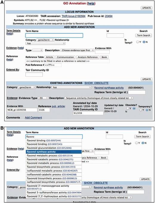 PubSearch GO annotation interface. (A) Top panel Locus Information provides a summary of gene function. The ‘Add New Annotation’ section allows curators to compose all essential components required for a GO annotation. Lower panel displays existing annotations. (B) The built-in GO term auto-complete functionality allows curators to select from a list of GO terms as they type. The same interface is also used for PO annotations.
