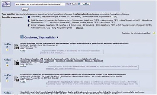 This is the starting point and also—if the user decides to click on the final questions generated by the system, see Figure 5—the end point of the search and annotation process. Here, the user can select some PMIDs, which will be then sent to ToxiCat (Figure 3) to be prioritized (Figure 4) and finally processed to generate an annotation (Figures 4 and 5).