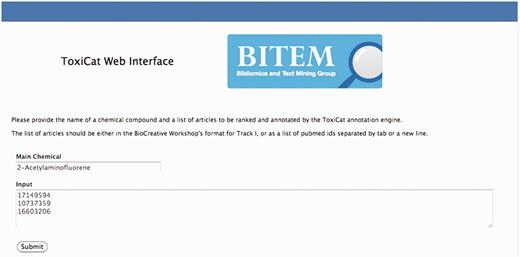 In this figure, 2-acetylaminofluorene is provided as input chemical compound together with a list of articles (PMIDs) selected in Figure 2. Users can go directly to this page if the PMIDs have been obtained from other sources.