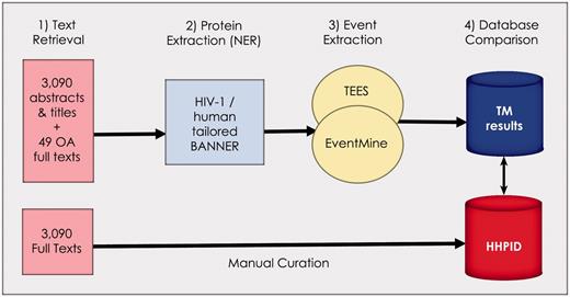 Summary of the methodology. Our methodology is divided into four stages: (1) retrieval of all abstracts and titles, as well as 49 open-access full texts from the 3090 citations in the HHPID, (2) proteins were extracted using an HIV-1/human tailored version of BANNER, (3) events were extracted using two event extraction tools (TEES and EventMine) and (4) a comparison of the results retrieved by TM was made with the manually curated HHPID.