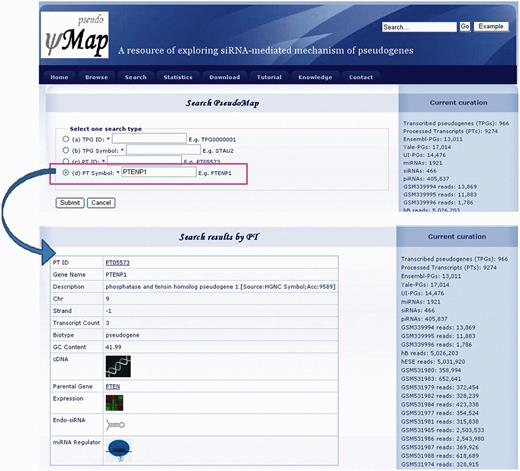 Search interface of pseudoMap.
