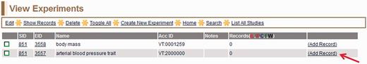 View Experiments page—this page lists all experiments for the particular study being curated, in this case ‘body mass’ (EID 3558) and ‘arterial blood pressure trait’ (EID 3557) for SID:851 (listed on left side of page).