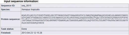 MisPred analysis of a protein sequence for potential sequence errors. The sequence shown in Figure 1 was analysed with the various MisPred tools. This figure shows basic information about the input protein sequence (automatically generated sequence ID, species name, protein sequence, task status and date and time of the completion of the analysis).