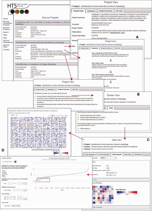(A–D). Information layers of HTS-DB. Several views are shown, and the direction of arrow indicates the flow of page navigation the user can follow to navigate through a project from a description of the initial aims of the project to the raw data as described in the text.