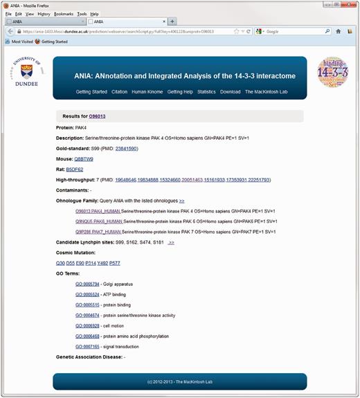 Example of an extended information page for the protein kinase PAK4 in ANIA. These pages include information on somatic cancer mutations, on whether proteins appear in a data set of typical contaminants in HT experiments (from in-house data), and enriched information from UniProt and GO.