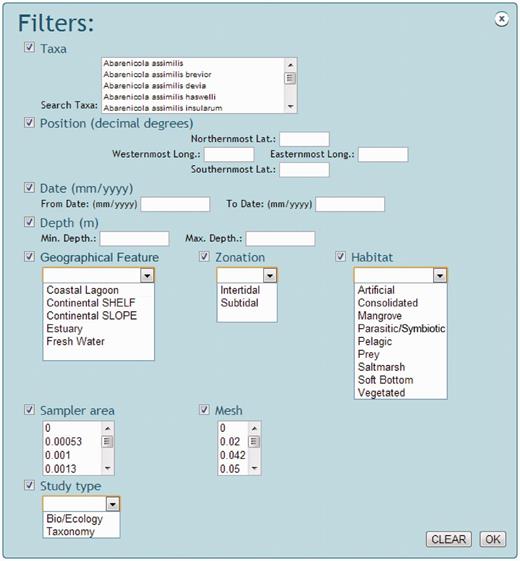 Snapshot of NONATObase filters in query for species and abundance.