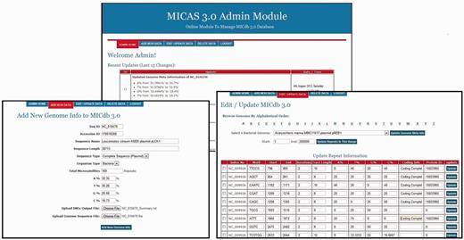 The administration module interface of MICAS3.0 using which the database administrator can add microsatellites of new genomes and can update the database easily .