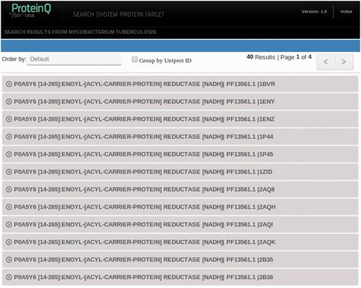 Representation of search results. Every UniProt-PFAM-structure triad represents a different entry in the database. One can choose to group entries by UniProt ID by ticking in the Group by UniProt ID box.