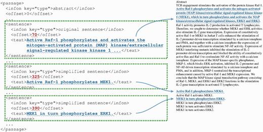 An example of simplified sentences in BioC format (left) and the corresponding text file (right) with locations highlighted.