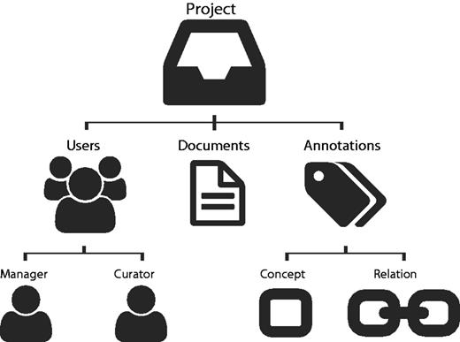 Egas organization based on projects, users, documents and annotations.