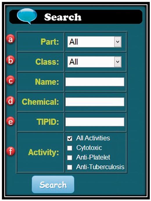 The search function. Users can search TIPdb-3D database by the following keywords: ( a ) part of a plant; ( b ) class of a chemical; ( c ) botanical name of a plant; ( d ) chemical; ( e ) TIPID; and ( f ) bioactivity.